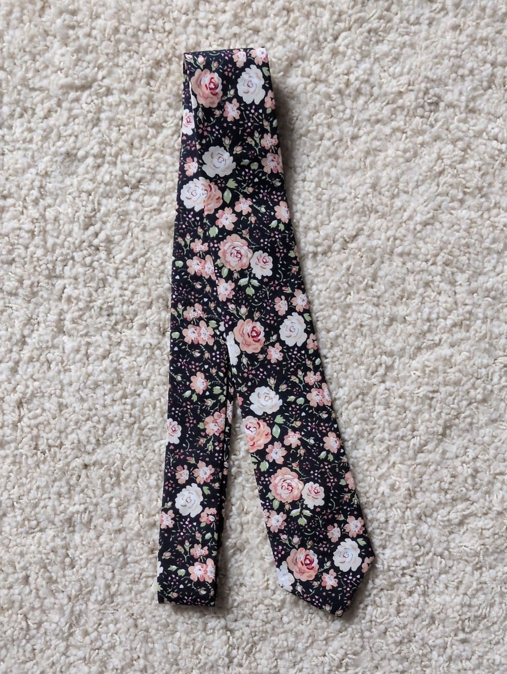 Black Floral Skinny Tie with Pink and White Roses
